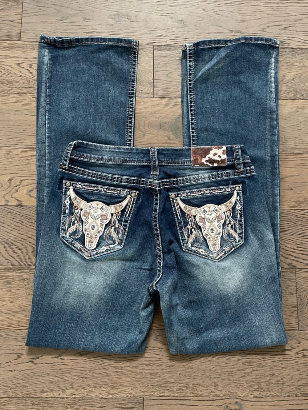 Grace in LA Dark Blue Boot Cut Jeans with Embroidered Steer Pocket
